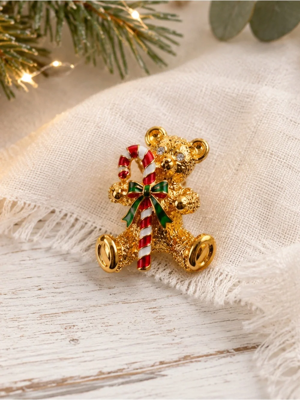 Vintage Gold Tone Teddy Bear Christmas Brooch Pin Candy Cane Holiday Rhinestones